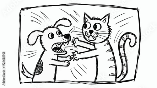 A cartoon illustration of a dog and cat fighting, depicted in a black and white comic book style with bold lines and dynamic motion, set against a clean white background with a playful