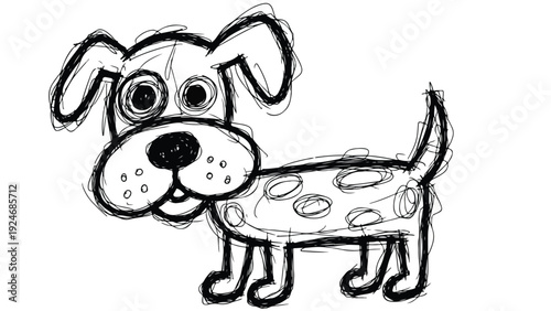 A playful dog cartoon with a simple black line drawing style against a clean white background