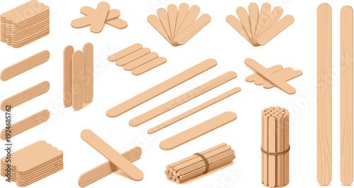 Wooden Popsicle Stick Craft Collection with Bundles Stacks and Cross Shapes for DIY Projects, School Supplies, and Eco Friendly Vector Design.