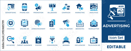 Digital advertising campaign strategy and marketing conversion analytics vector icon set