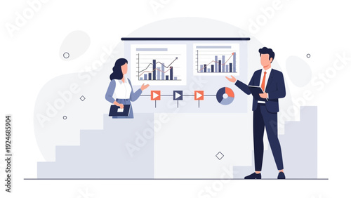 Business meeting with charts and graphs on screen, presentation