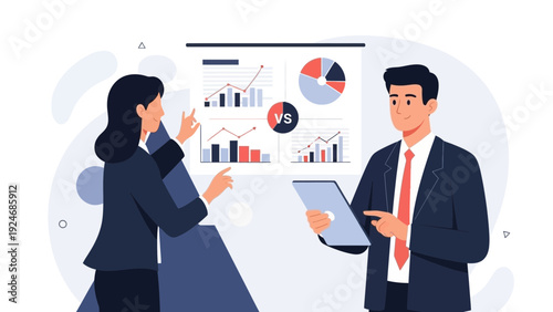 Business meeting with charts and graphs on screen, two professionals discussing data