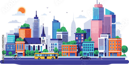 Modern Colorful City Skyline with Urban Buildings, Public Transport and Green Trees in Flat Vector Illustration Style