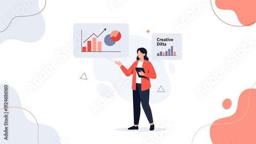 Business woman presenting data charts, growth analysis, financial report, strategy planning