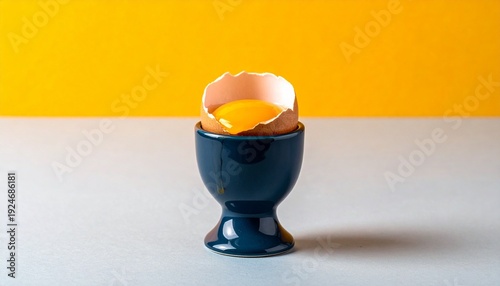 Brown egg in blue cup with yellow background