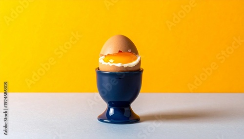 Brown egg in blue cup with yellow background