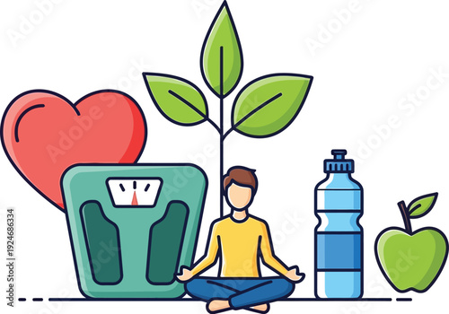 Man meditating near a scale, heart symbol, and plant represents holistic health and wellness concepts.