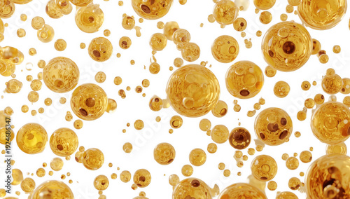 Numerous golden translucent bubbles of various sizes floating isolated on a transparent background