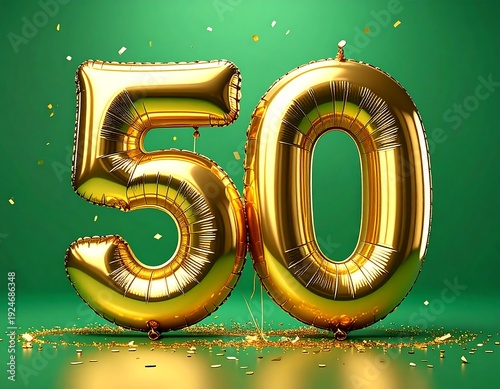 A large golden 50 balloon on a green background