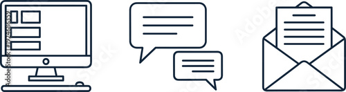 Modern line icons set featuring computer monitor chat bubbles and email envelope for digital communication messaging and online support concepts