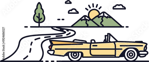 Classic yellow convertible car drives along a winding asphalt road toward distant mountains under a bright sun icon.