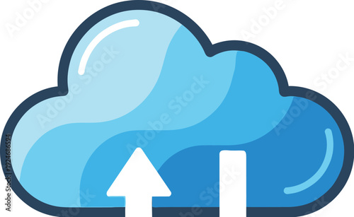 Bright blue cloud icon displays upward pointing white arrows signifying data uploading or cloud storage access.