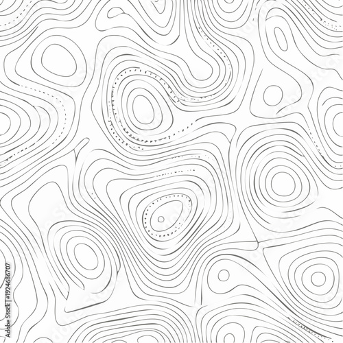 Abstract black and white topographic map background, seamless contour lines forming elevation shapes, minimalist geographic pattern and texture