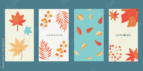Four vertical banners displaying colorful autumn leaves and botanical designs