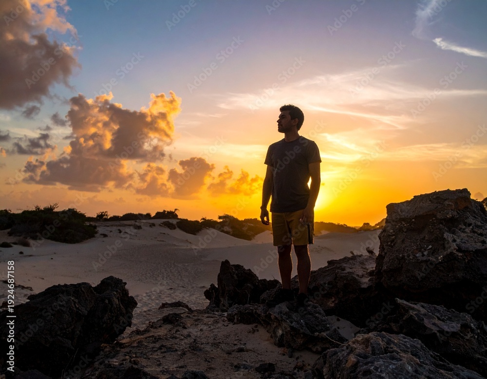 Fototapeta premium Man standing on rocks watching the sunset with beautiful orange and yellow colors in the sky.
