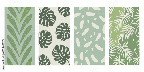 Four vertical panels displaying botanical leaf patterns in muted greens
