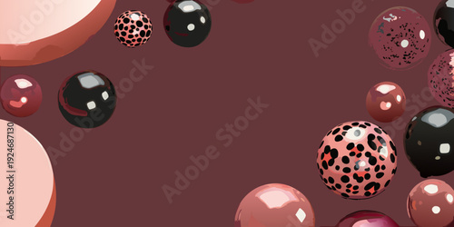 Abstract arrangement of colorful spheres against a muted rose background