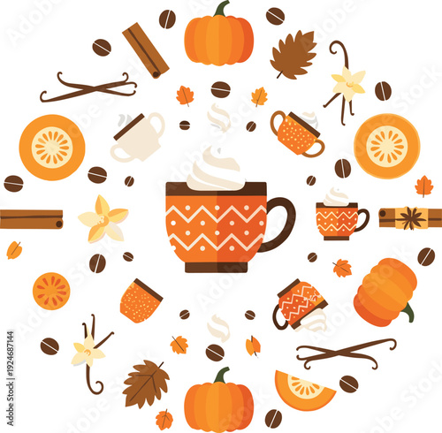 Autumn Coffee Pumpkin Spice Composition with Cinnamon Vanilla Beans Citrus and Fall Leaves for Seasonal Cafe Vector Illustration Design.