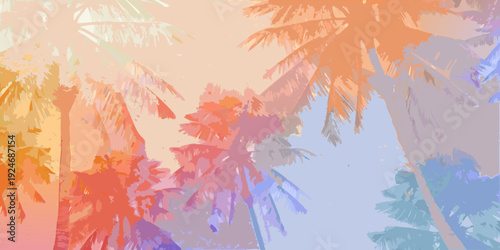 Vibrant colorful silhouettes of palm trees against a pastel sky