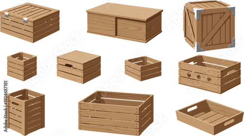 Wooden Storage Crate and Box Collection with Open Closed and Handle Tray Designs for Shipping, Warehouse, and Market Vector Illustration.