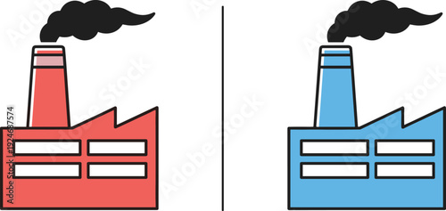 Industrial factory building icon set manufacturing plant smoke chimney flat color outline vector illustration collection isolated design