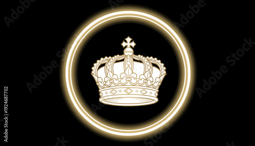 Golden Crown Emblem with Neon Circle on Black Background