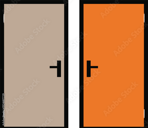 Closed interior door icon set with flat front view wooden doors in beige and orange colors for UI, navigation, and building design