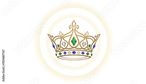 Golden Crown with Emeralds and Sapphires on White Background