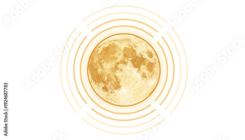 Golden Full Moon with Concentric Rings on White Background