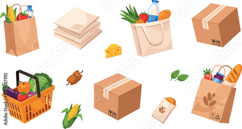 Grocery Shopping Bags Cardboard Boxes and Food Basket Collection with Fresh Produce and Eco Packaging for Delivery Vector Design.