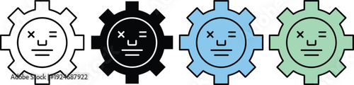 Creative gear face icon set abstract human cog symbol emotion expression flat outline color vector illustration collection isolated design