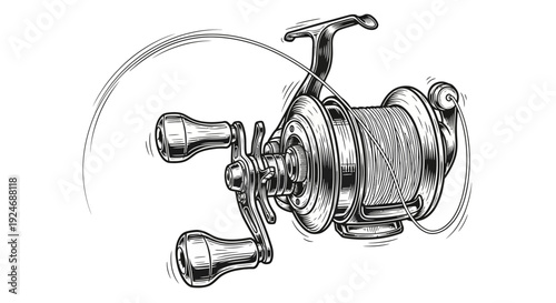 Fishing Reel Sketch - Vintage Style Illustration with Fishing Line