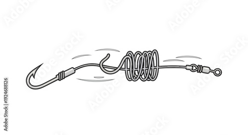 Fishing rig with hook, swivel, and coiled wire leader, illustration