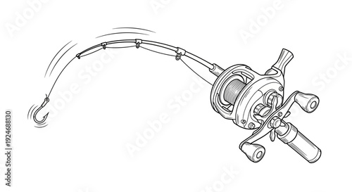 Fishing Rod and Reel Bending with Hook Swinging - Action Shot