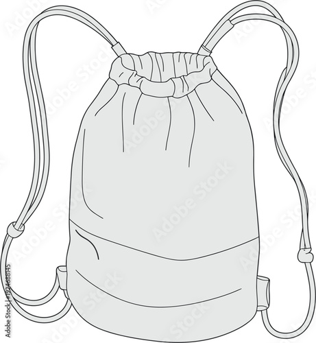 Technical fashion illustration of drawstring backpack front view with gathered top closure, shoulder straps, curved seam pocket, stitching details, and garment construction design elements 