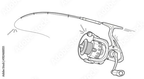 Fishing Rod and Reel with Bending Rod and Line in Action