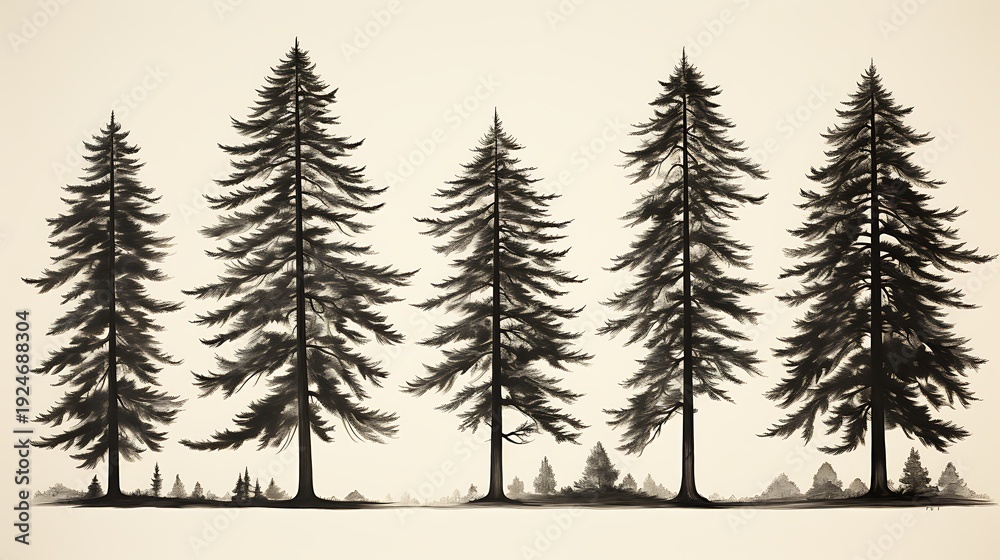 Obraz premium A serene forest scene with tall, dark trees standing in a row on a hillside