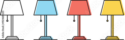 Table lamp icon set modern home lighting furniture outline flat color interior decor vector illustration collection isolated design