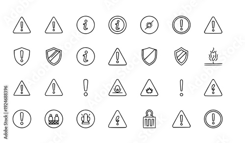 Minimal Alert and Warning Line Icon Set with Risk Caution and Notification Symbols Editable Stroke Vector