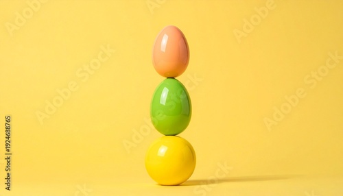 Stacked colorful eggs on yellow background