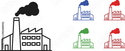 Industrial factory building icon set smoke chimney manufacturing plant outline flat line vector illustration collection isolated design