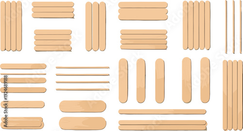 Wooden Popsicle Stick Collection with Different Sizes and Rounded Craft Pieces for DIY Projects, School Supplies, and Eco Friendly Vector Design.