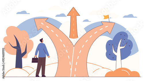 A man holding a briefcase stands at the start of three diverging large peach-colored arrows that function as roads through a stylized forest.