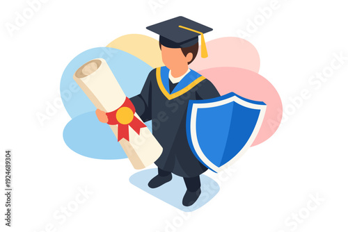Graduation student holding diploma and shield symbolizing protection.