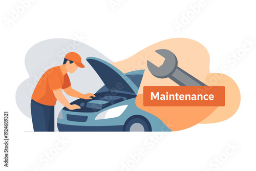 Mechanic performing car maintenance under the hood with wrench.