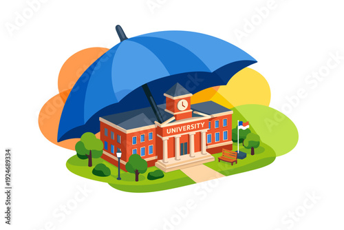 University Building Protected Under Large Blue Umbrella.