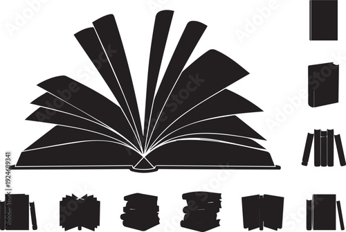 Literacy Symphony: A stark silhouette of an open book with pages fanning out like wings, accompanied by various book arrangements