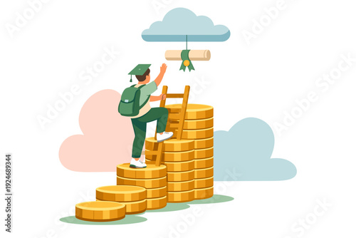 Student climbing ladder on coins towards graduation diploma.