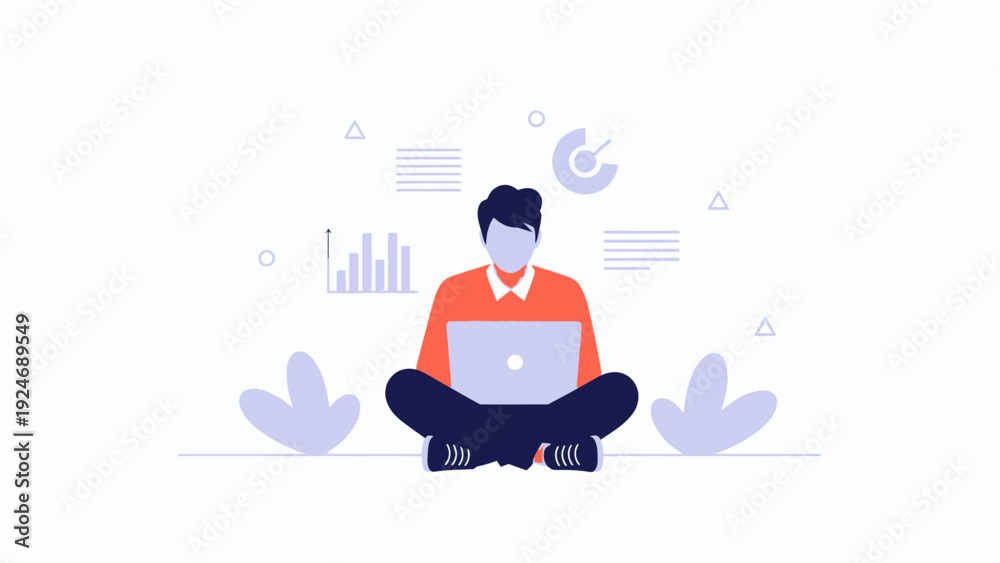 Obraz premium Man with Laptop Working Remotely, Data Analysis, Modern Flat Illustration
