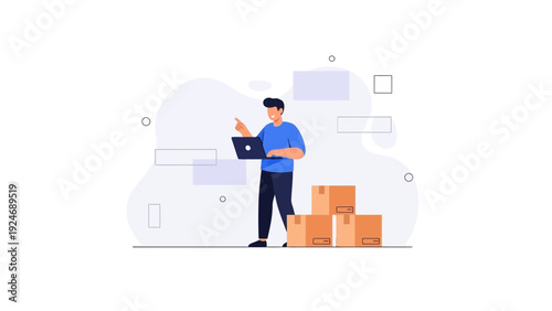 Man with Laptop and Shipping Boxes, Logistics and Delivery Concept